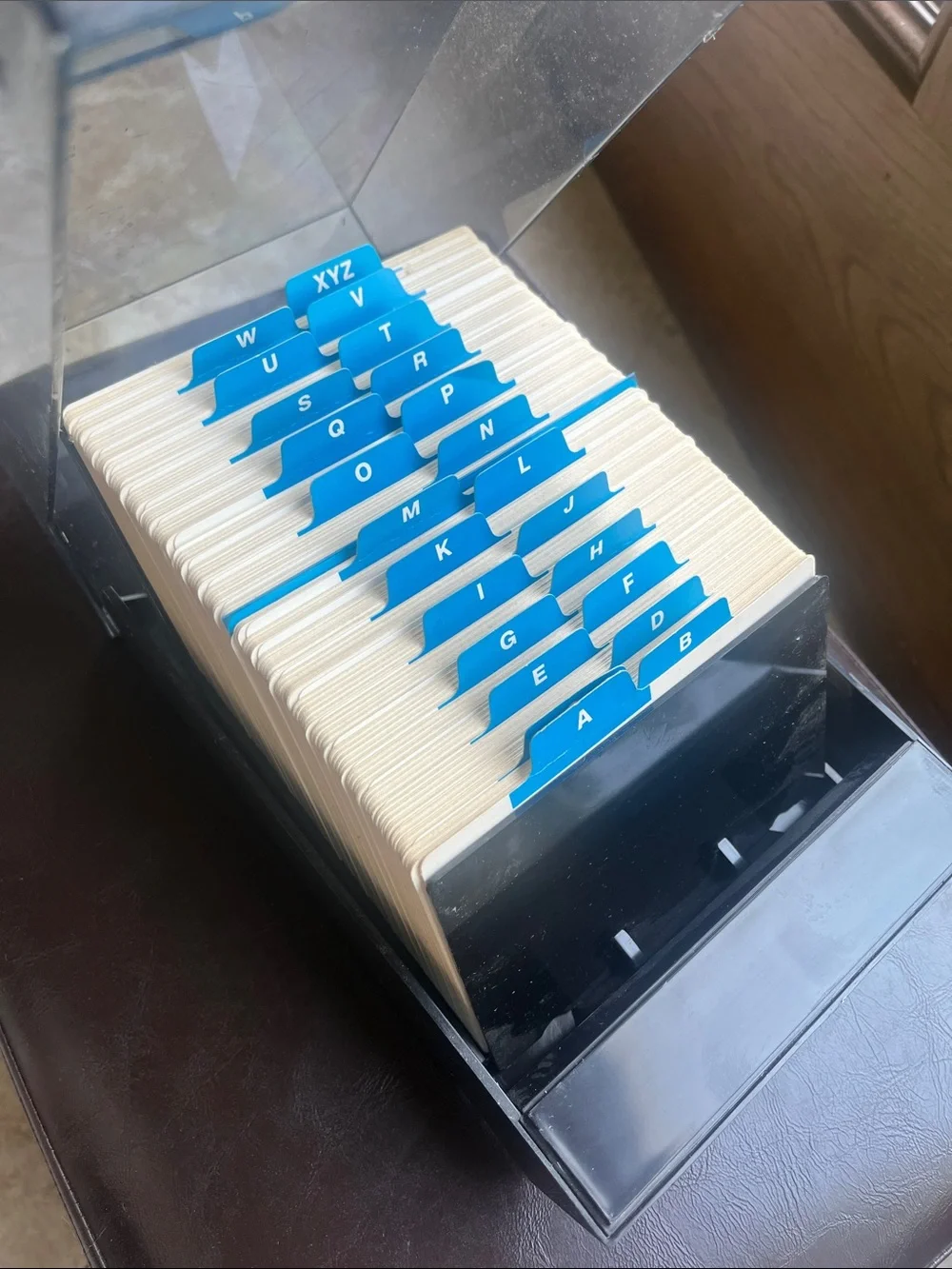 Vintage Never used Rolodex Black Desktop Card File with Blue Alphabetic Tabs